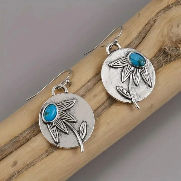 Round Silver Pendant Floral Drop Earrings Turquoise Dangle Vtg Style Jewelry New - Picture 1 of 6